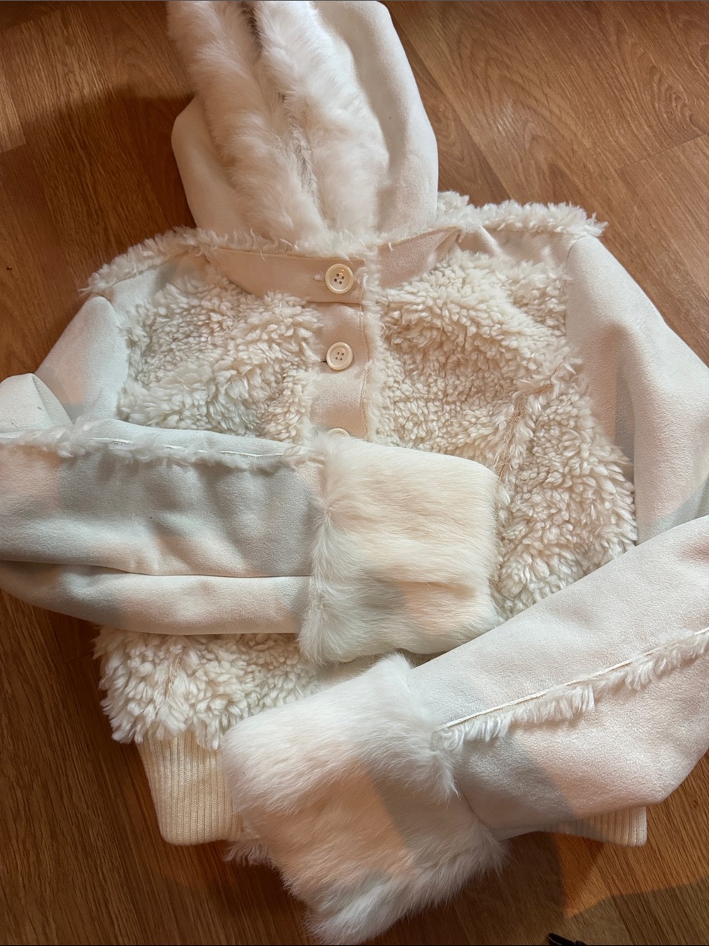 NWT bebe Spillout Sherpa Crop Jacket White Large Genuine Rabbit Fur Trim Hooded - Picture 8 of 12